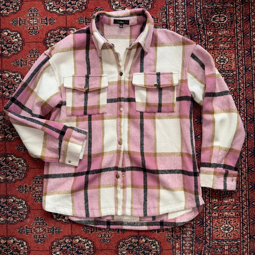 Lulus Women's L Heavy Pink/Cream Plaid Snap Front‎ Shacket Shirt 100% Polyester